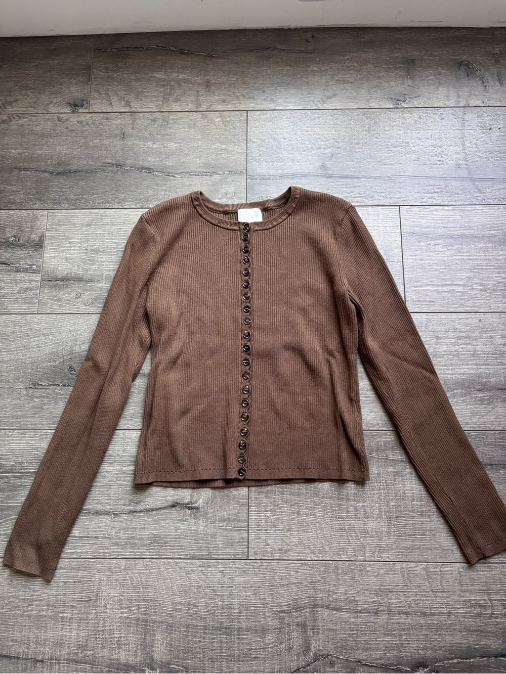 H&M Brown Ribbed Button-Front Long Sleeve Top